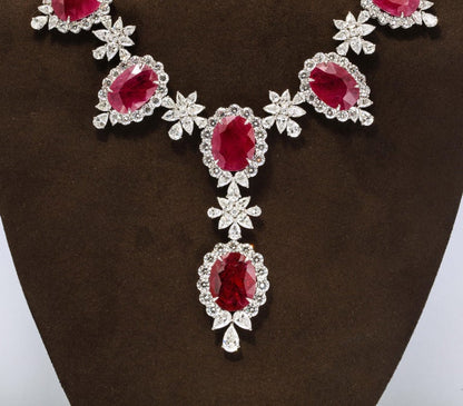 Important Intense Red Ruby and Diamond Platinum Drop Necklace