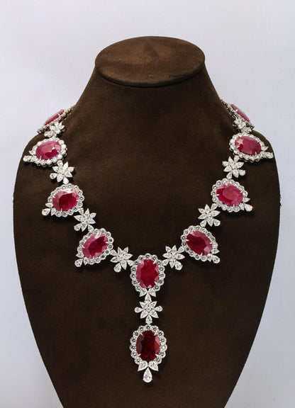 Important Intense Red Ruby and Diamond Platinum Drop Necklace