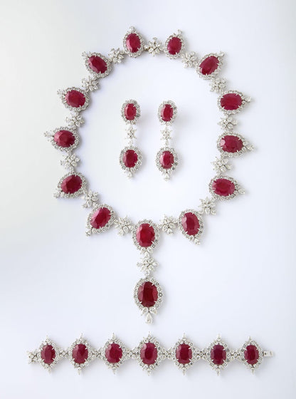 Important Intense Red Ruby and Diamond Platinum Drop Necklace