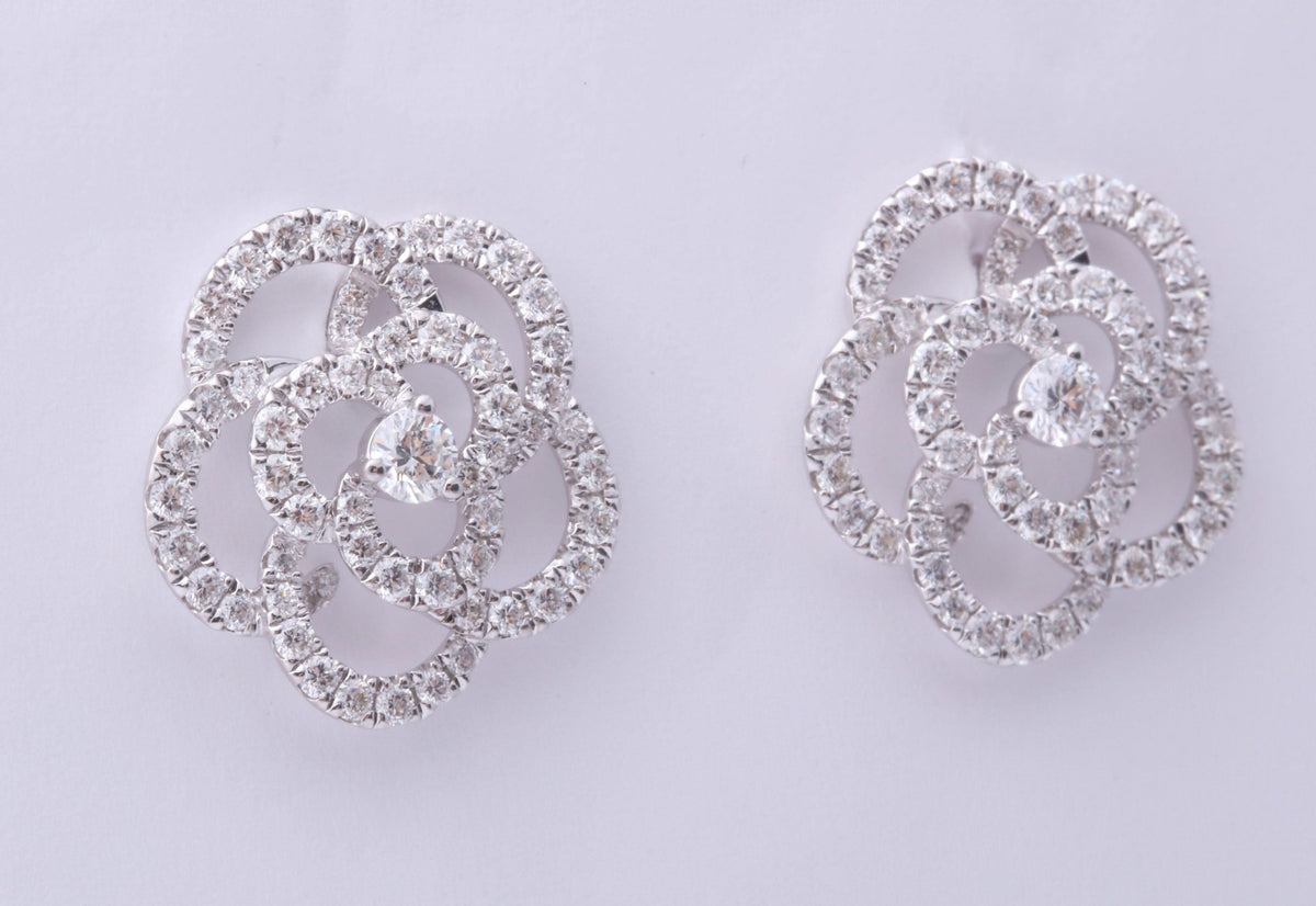 Glistening 1.85 Carat Diamond Camelia Flower Stud Earrings in 18k Gold