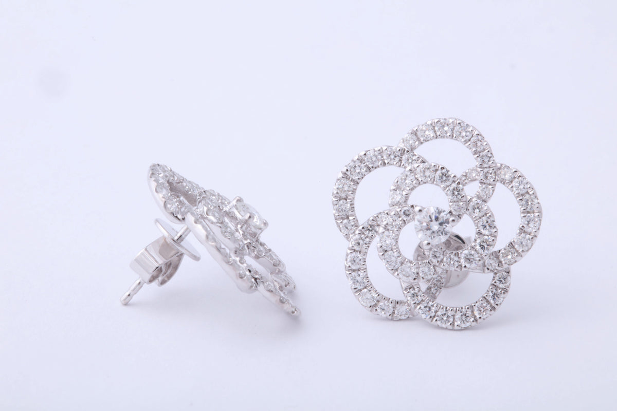 Glistening 1.85 Carat Diamond Camelia Flower Stud Earrings in 18k Gold