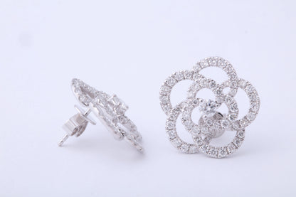 Glistening 1.85 Carat Diamond Camelia Flower Stud Earrings in 18k Gold
