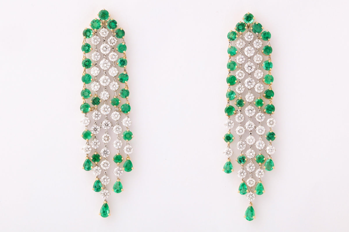 Vivid Green Emerald and Diamond 18k Gold Dangle Earrings