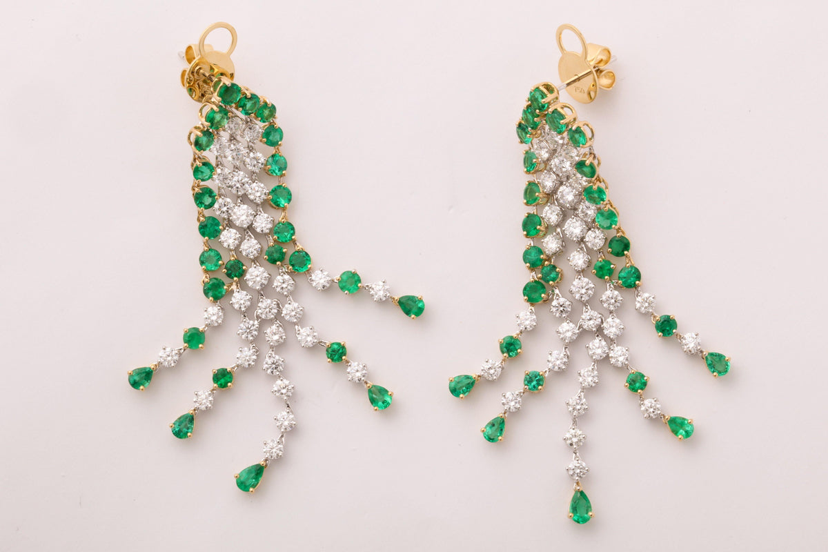 Vivid Green Emerald and Diamond 18k Gold Dangle Earrings
