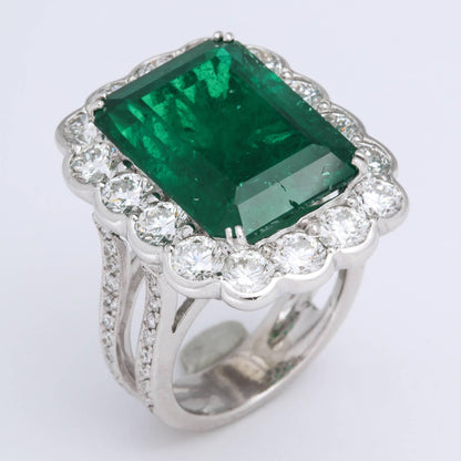 GIA Certified 13 Carat Colombian Emerald Diamond Platinum Cocktail Ring