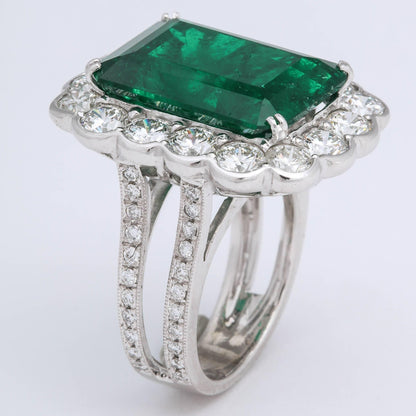 GIA Certified 13 Carat Colombian Emerald Diamond Platinum Cocktail Ring