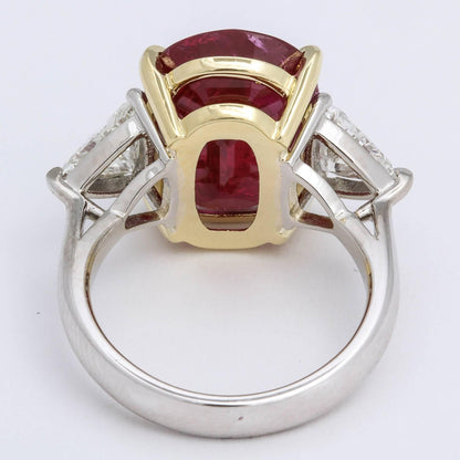 GIA Certified 11.50 Carat Ruby Cushion Ring with Trillion Diamonds