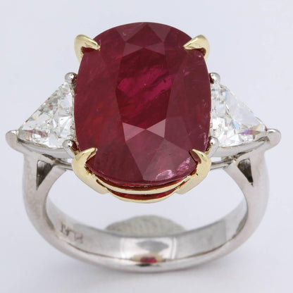 GIA Certified 11.50 Carat Ruby Cushion Ring with Trillion Diamonds