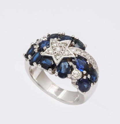 Sapphire and Diamond 18k White Gold Shooting Star Cocktail Ring