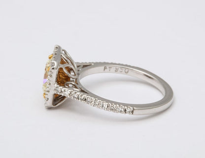 GIA Certified 1.71 Carat Yellow Diamond Cushion Cut Platinum Ring