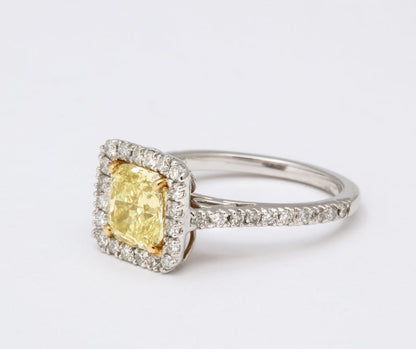 GIA Certified 1.71 Carat Yellow Diamond Cushion Cut Platinum Ring