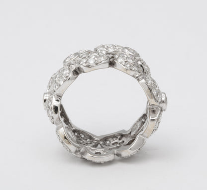 Wide Diamond Flower Band Ring 18k White Gold 3.58ctw Diamonds