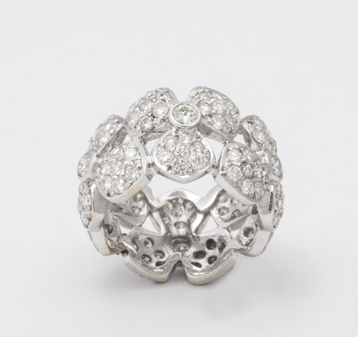 Wide Diamond Flower Band 18k White Gold 3.58 Carat Ring