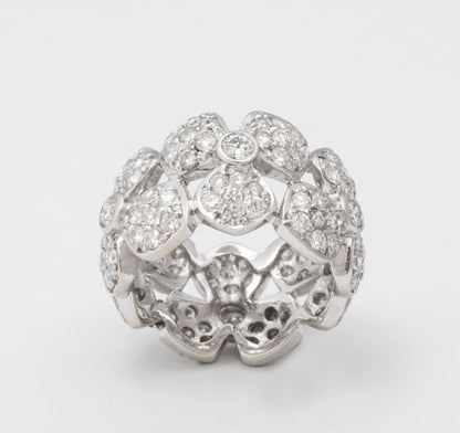Wide Diamond Flower Band 18k White Gold 3.58 Carat Ring