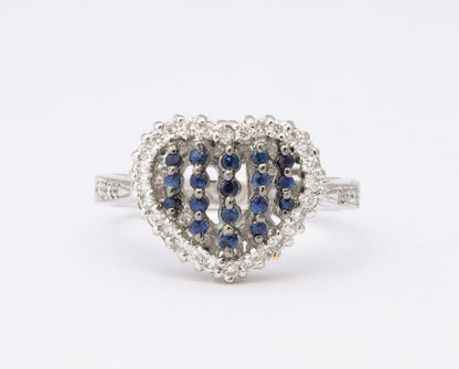Elegant Blue Sapphire and Diamond Heart Ring 18k White Gold