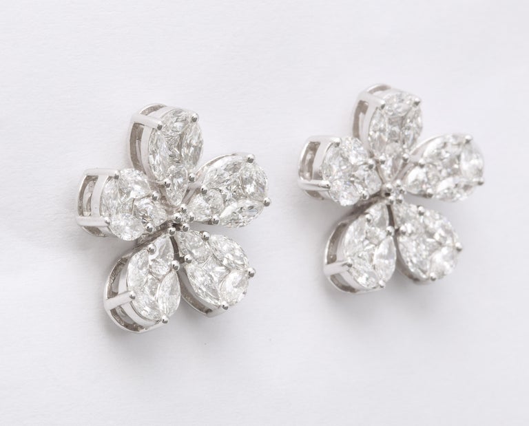 18k White Gold 4.49ct Diamond Flower Petal Stud Earrings