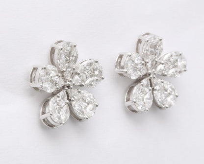 18k White Gold 4.49ct Diamond Flower Petal Stud Earrings