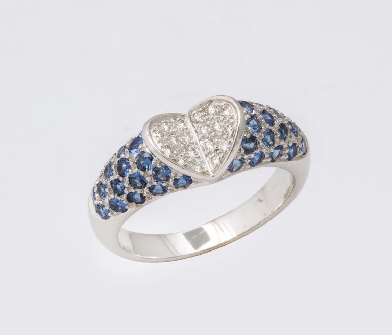 Exquisite 18k White Gold Blue Sapphire and Diamond Heart Ring