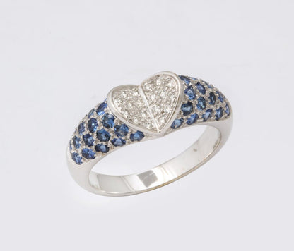 Exquisite Blue Sapphire and Diamond Heart Ring in White Gold