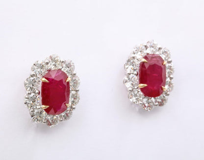 18k White Gold Intense Red Ruby and Brilliant Diamond Earrings