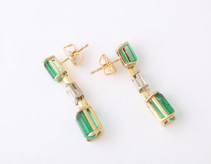 14k Yellow Gold Emerald and Diamond Dangle Drop Earrings 7.36ct