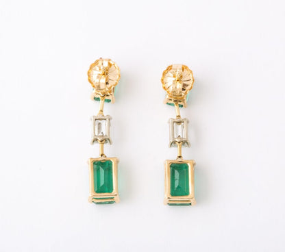 14k Yellow Gold Emerald and Diamond Dangle Drop Earrings 7.36ct