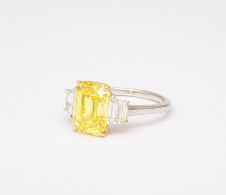 Fancy Vivid Yellow Emerald Cut 4.12 Carat Diamond Engagement Ring