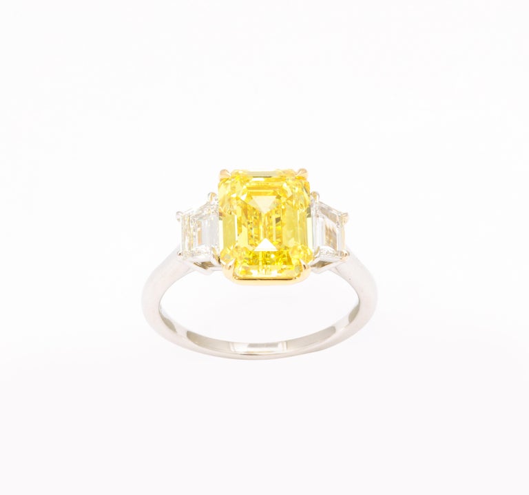 Fancy Vivid Yellow Emerald Cut 4.12 Carat Diamond Engagement Ring