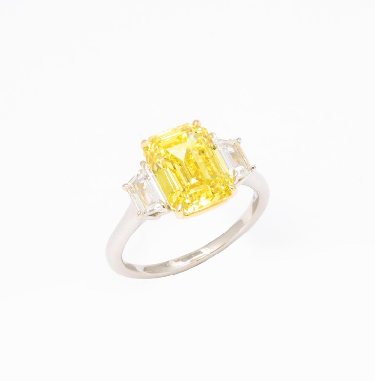 Fancy Vivid Yellow Emerald Cut 4.12 Carat Diamond Engagement Ring