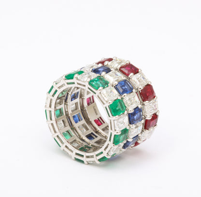 Premium Emerald Ruby Sapphire and Diamond Eternity Band Set