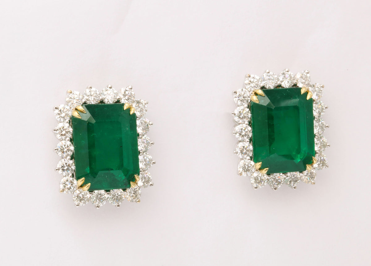16.15ct Certified Vivid Green Emerald and Diamond 18k Gold Earrings