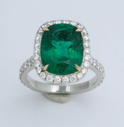 GIA Certified 5 Carat Green Emerald Cushion Cut Diamond Halo Ring