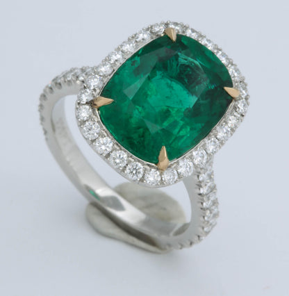 GIA Certified 5 Carat Green Emerald Cushion Cut Diamond Halo Ring