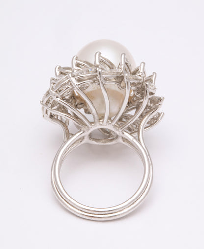 South Sea Pearl 13mm and 6.12ct Marquise Diamond Platinum Ring