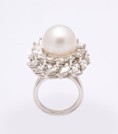 South Sea Pearl 13mm and 6.12ct Marquise Diamond Platinum Ring