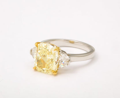 GIA Certified 5 Carat Fancy Light Yellow Cushion Cut Diamond Ring