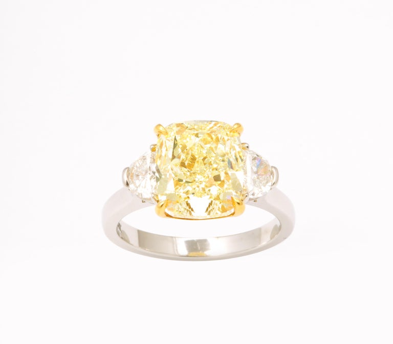 GIA Certified 5 Carat Fancy Light Yellow Cushion Cut Diamond Ring