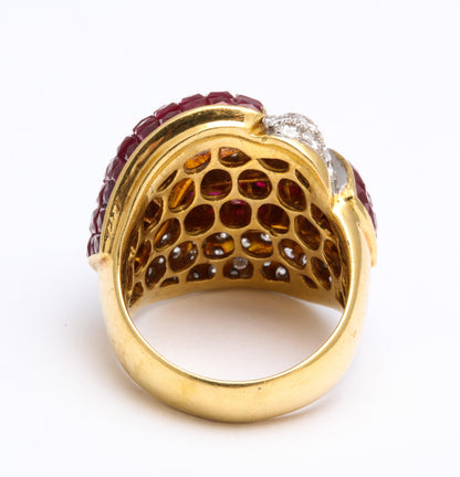 Mystery Set Ruby and Diamond 18k Yellow Gold Bombe Ring