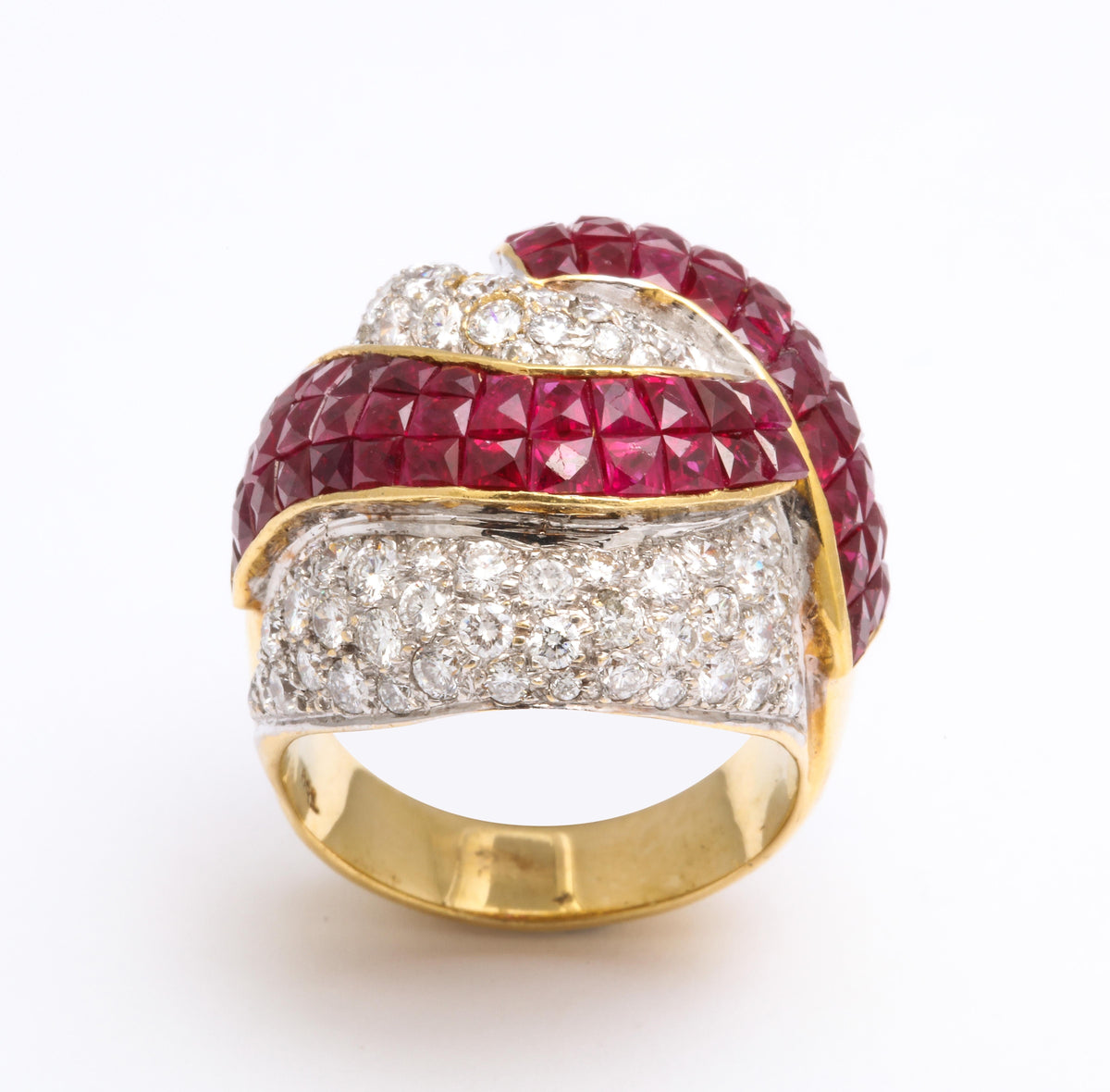 18k Yellow Gold Mystery Set Ruby Diamond Bombe Cocktail Ring
