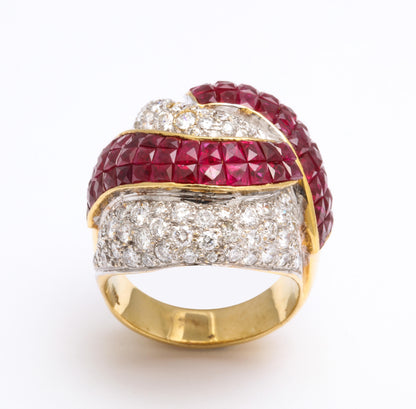 18k Yellow Gold Mystery Set Ruby Diamond Bombe Cocktail Ring