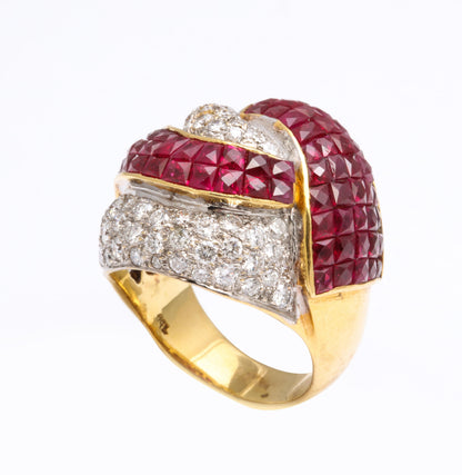 18k Yellow Gold Mystery Set Ruby Diamond Bombe Cocktail Ring