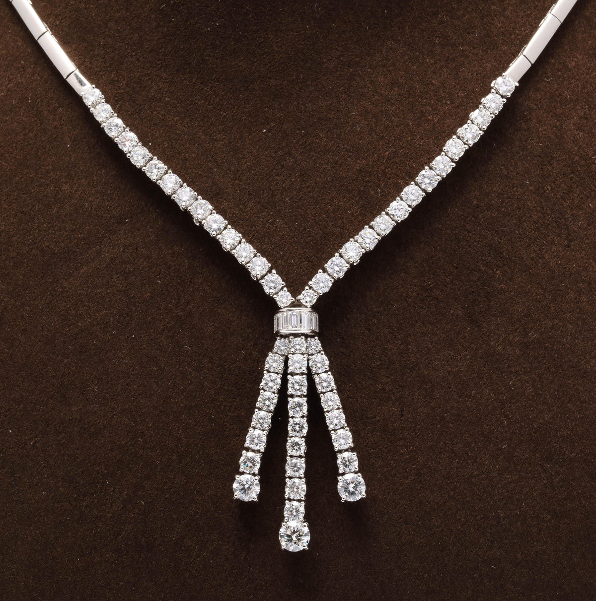 Italian 18k White Gold 6.19ct Diamond Round Baguette Drop Necklace