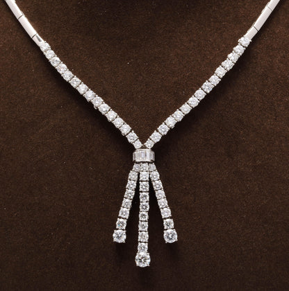 Italian 18k White Gold 6.19ct Diamond Round Baguette Drop Necklace