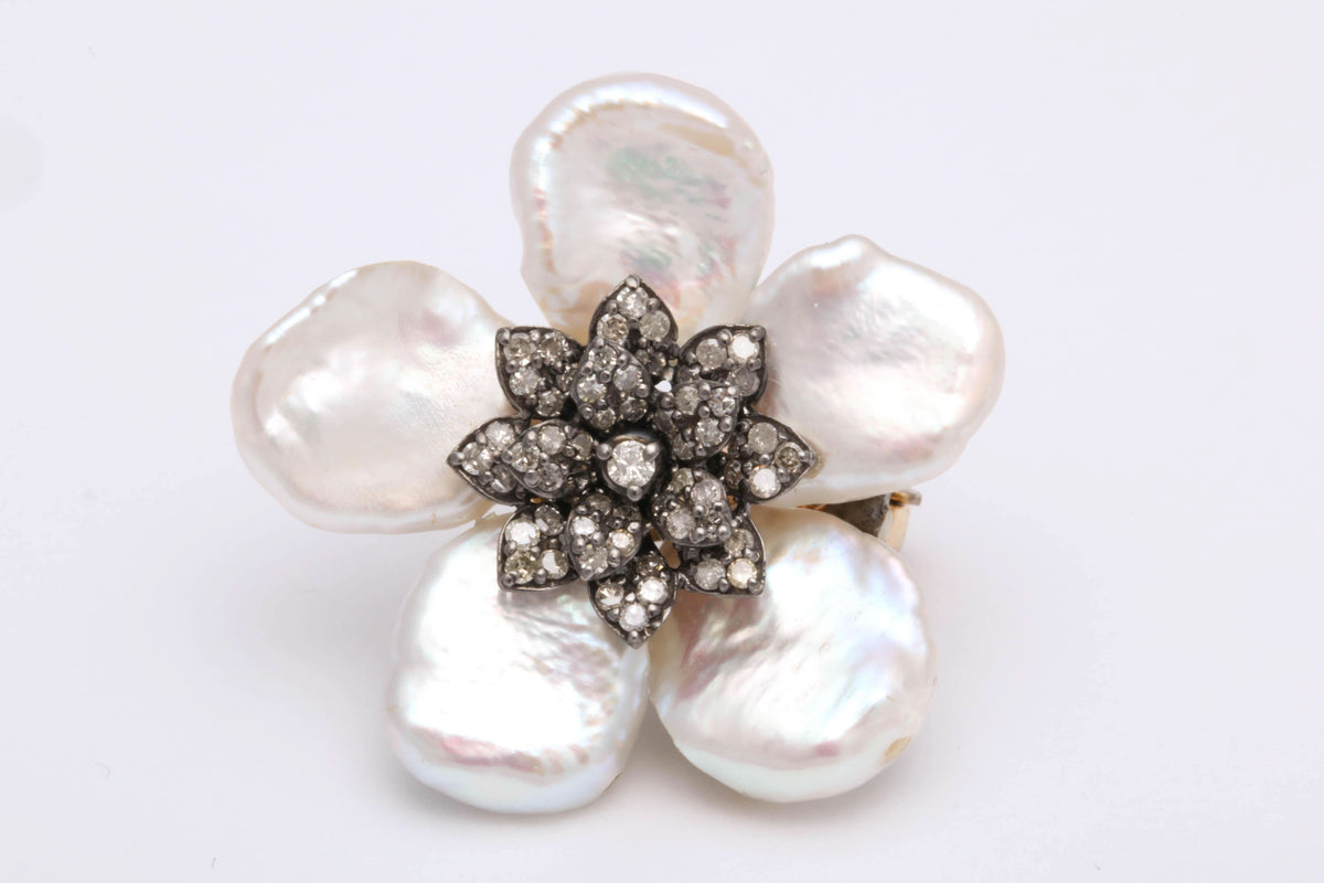 Pearl Leaf and Diamond Flower Earrings with 1.74 Carat Diamonds