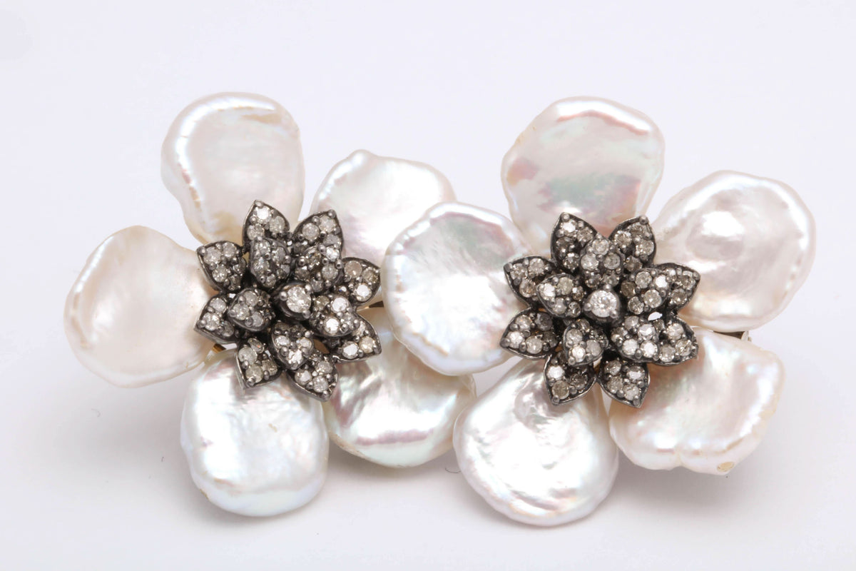 Pearl Leaf and Diamond Flower Earrings with 1.74 Carat Diamonds