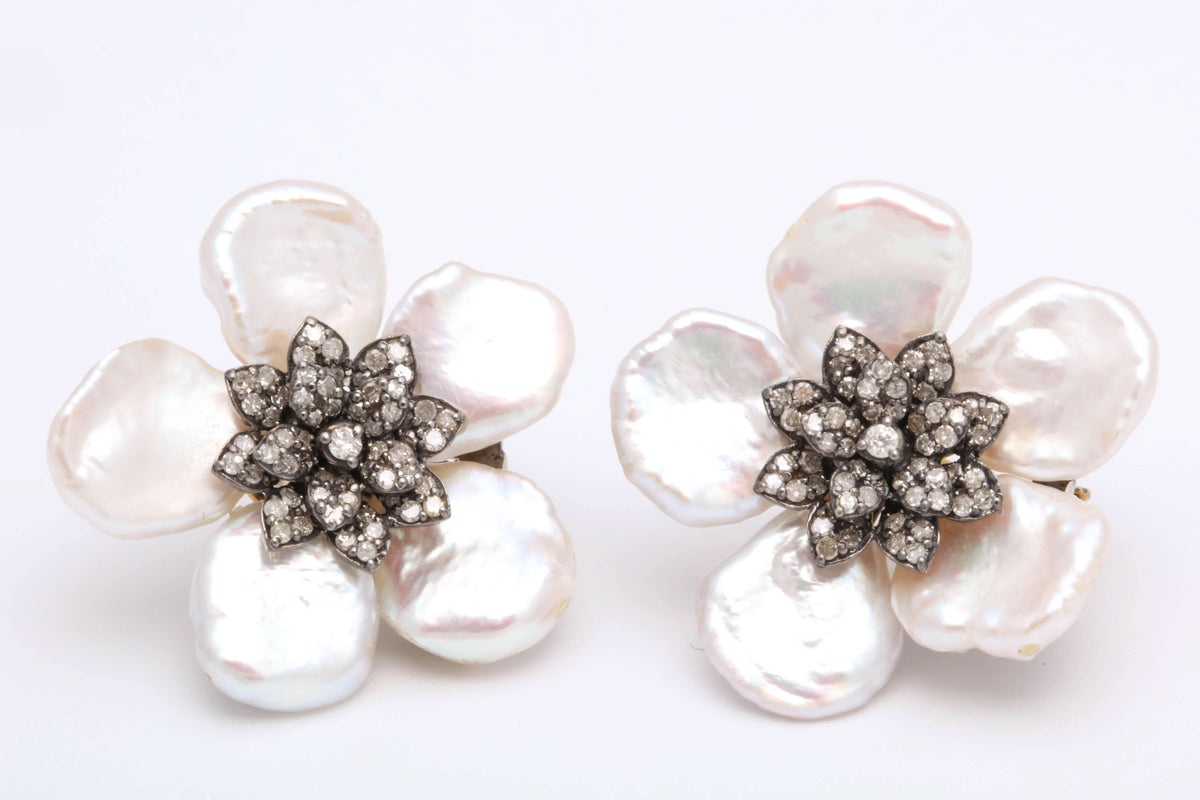Pearl Leaf and Diamond Flower Earrings with 1.74 Carat Diamonds