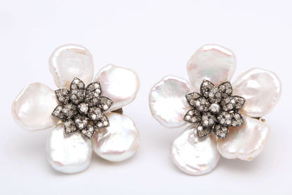 Pearl Leaf and Diamond Flower Earrings with 1.74 Carat Diamonds