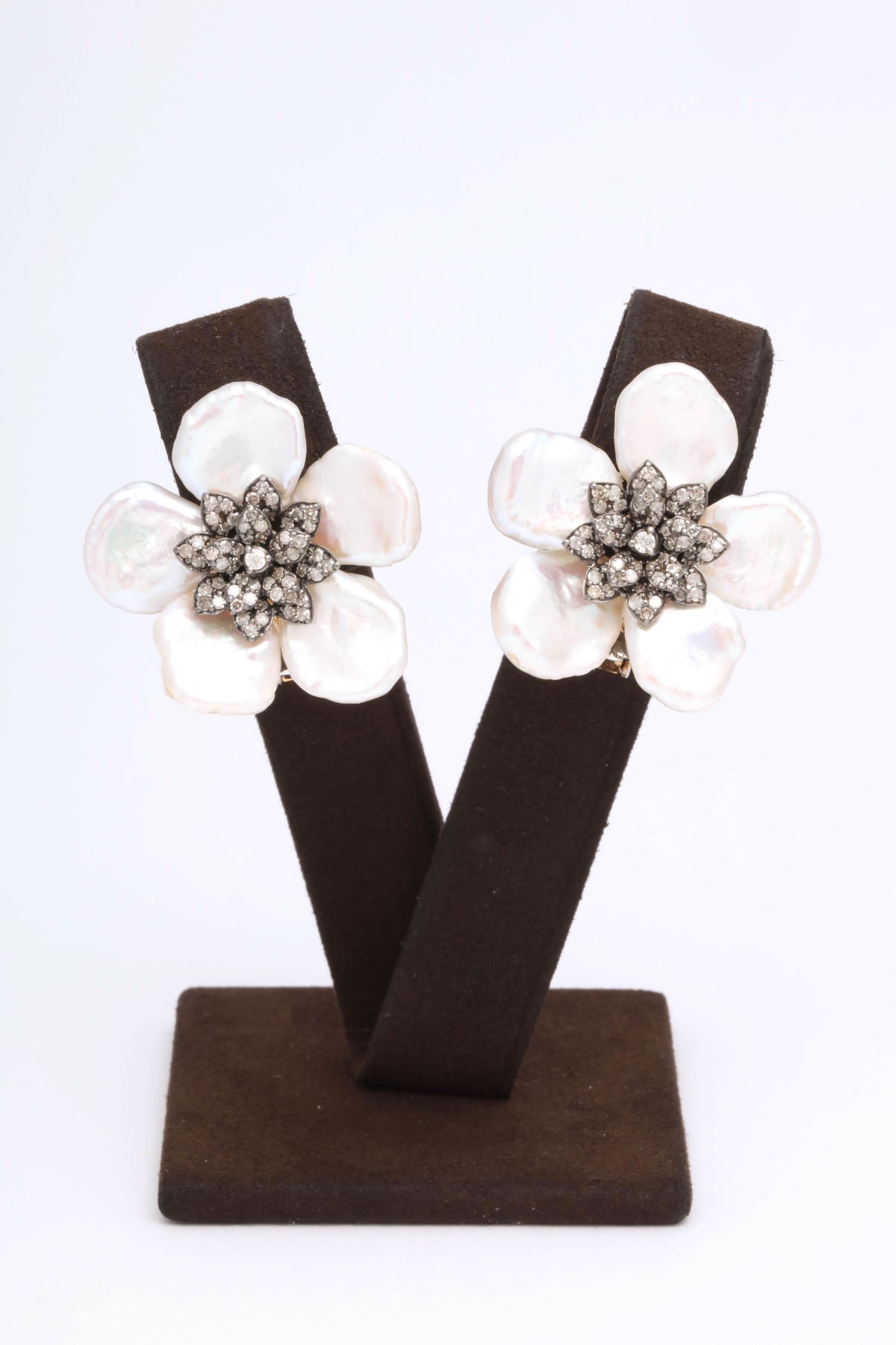Pearl Leaf and Diamond Flower Earrings with 1.74 Carat Diamonds