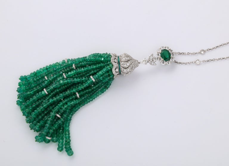 Luxurious 118 Carat Emerald and Diamond White Gold Tassel Necklace