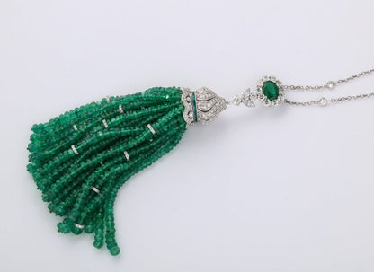 Luxurious 118 Carat Emerald and Diamond White Gold Tassel Necklace